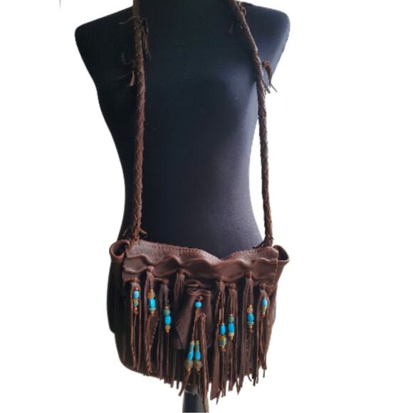 Soft Brown Leather Shoulder Bag Fringe Purse Boho Western Handbag Turquoise SW - Picture 8 of 13